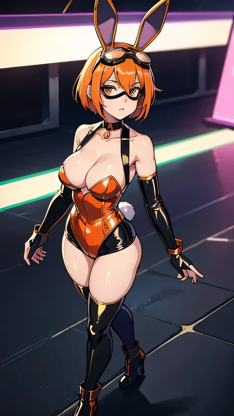 1girl, Retro-future world, (((metallic bunny costume))), ((Cyber ​​goggles)), Shiny tights, Arm-fixed mobile, Leather choker, arm garter, High heel short boots, mature female, short hair, orange hair, volumey, large breasts, cleavage, wide hips, Good momen...