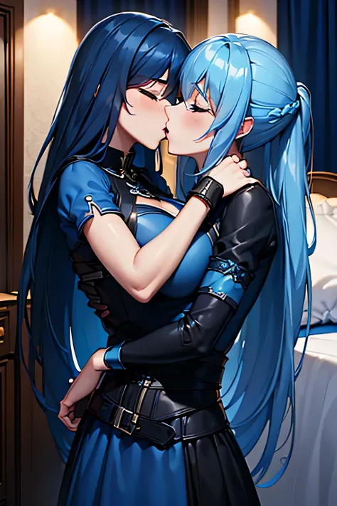 ((kiss with human)),(highest quality:1.4),unreal engine,masterpiece,super resolution, very detailed, 1 woman,big breasts, waist, thin,(muscular:0.5) ,(blue long hair:1.4),close eyes,(black and blue cloth),in the bedroom,(night),