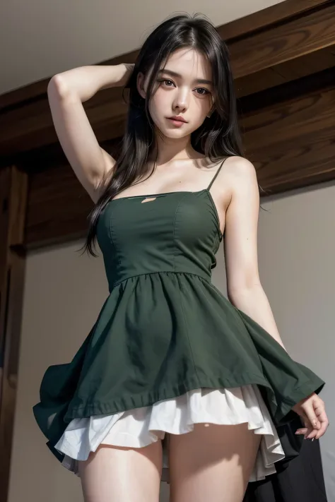 Make a female shy and sad,model, white, European nationality, 26 years old, long black straight hair,hair tied, upskirt,red green color dress,pulled up dress upskirt,dancing, ultra realistic,seed 3232143159