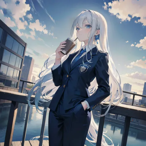 (masterpiece), (best quality), ultra detailed, finely detailed color, cenematic painting, bishoujo, ((one lady)), teenager, cute face, white hair, absurdly long hair, straight hair, ((deep blue eyes:1.5)), (drinking coffee:1.4), ((business suit:1.5)), blac...