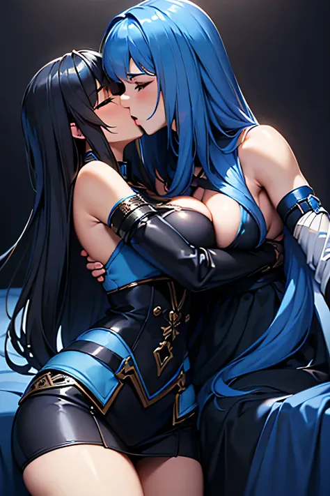 (kiss with human),(highest quality:1.4),unreal engine,masterpiece,super resolution, very detailed, 1 woman,big breasts, waist, thin,(muscular:0.5) ,(blue long hair:1.4),close eyes,(black and blue cloth),in the bedroom,expose