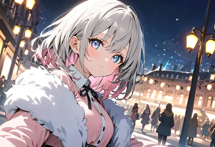 White Breath、 face up、Winter Street by Night 、 illuminations、Fantastic Light、night、 thick boa coat in 、 long coat and 、 scarf、 street concert、、 street live in the winter city 、 street concert、Wear a thick coat 、 Sing with a microphone 、 Sing around the cit...