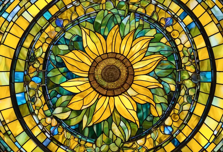 a painting of Sunflower in a stained glass window, an elaborate painting inspired by Louis Comfort Tiffany on the theme of frogs, Trending on Shutterstock , Art Nouveau, sunflower stained glass, stained glass art , crystallic Sunflower, Sunflower, color...