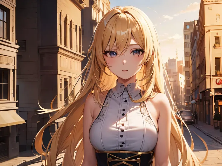 Anime girl character with flowing blonde hair, and wearing a dress, with a background in the city, (best quality:1.1), (masterpiece:1.2), high quality shadow, beautiful detailed, (high detailed skin, skin details), (wide_landscape, 8k), beautiful face, det...