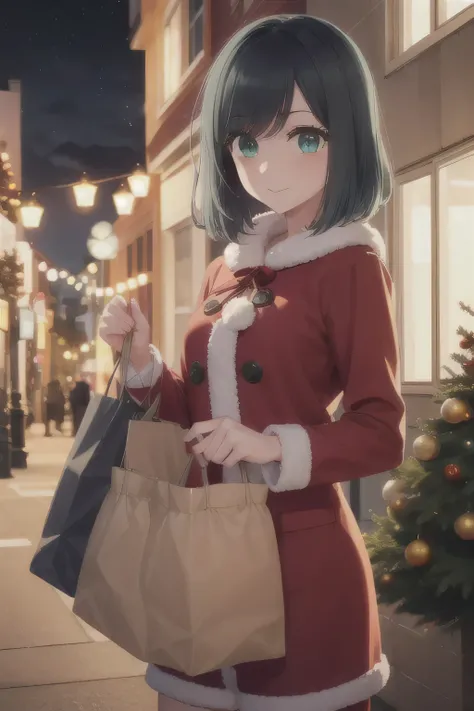 She is dressed in a classic Santa Claus outfit, with a red and white coat, a matching skirt, and black boots, perfectly tailored to her small frame. On her back, she carries a large, white sack filled with presents, the soft fabric of the bag hinting at it...