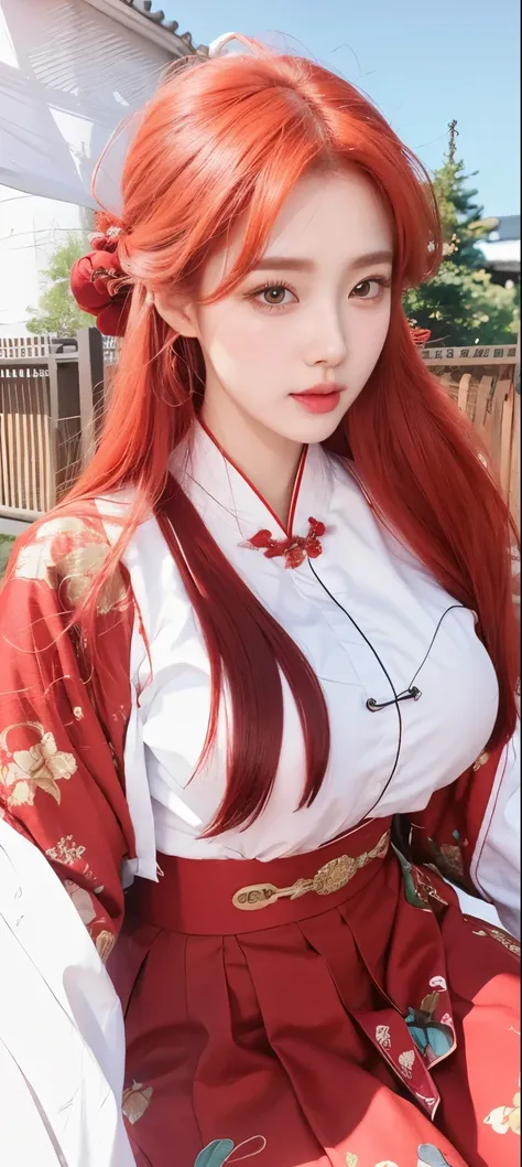 1girl,huge breast, red hair,high quality, ultra detailed, masterpiece, traditional korean clothes