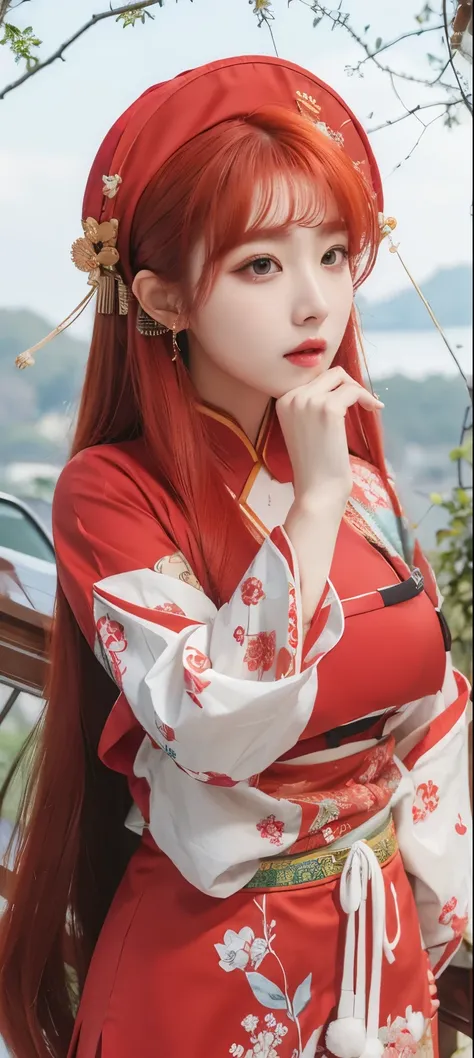 1girl,huge breast, red hair,high quality, ultra detailed, masterpiece, tradisional korean clothes 