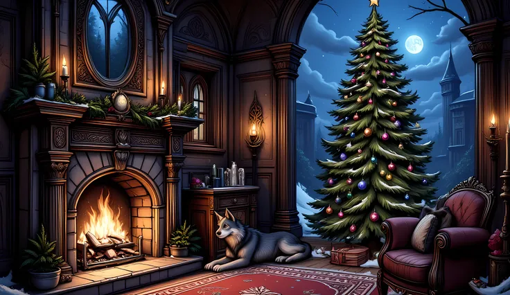 fantasy art, dnd art, RPG art, wide shot, a fantasy art of room of a castle with burning fireplace and a Christmas tree full with decorations, the room is lit from the fireplace, light and shadows, there are lit candles in the room, it is night time there ...