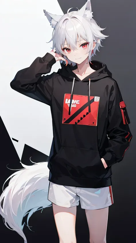  Best Quality ， high resolution, 2D anime style,,Cool Man, red eyes ,Short hair,Silver Hair,Wolf ears， fashion in a hoodie,He smiles slightly ，Shy, black background