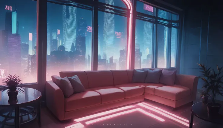 A cyberpunk highrise apartment with a large window overlooking a night city skyline, neon lights and skyscrapers in the distance, dramatic chiaroscuro lighting, cinematic, award-winning cyberpunk concept art, 8k, high resolution, photorealistic, (no humans...