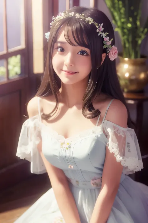 15-year-old silver-haired girl with long, flowing hair adorned with flower decorations. She has large, cute anime-style eyes with a soft reddish tint, giving her a gentle and slightly shy expression. Her kind smile and open arms create a pose as if she is ...