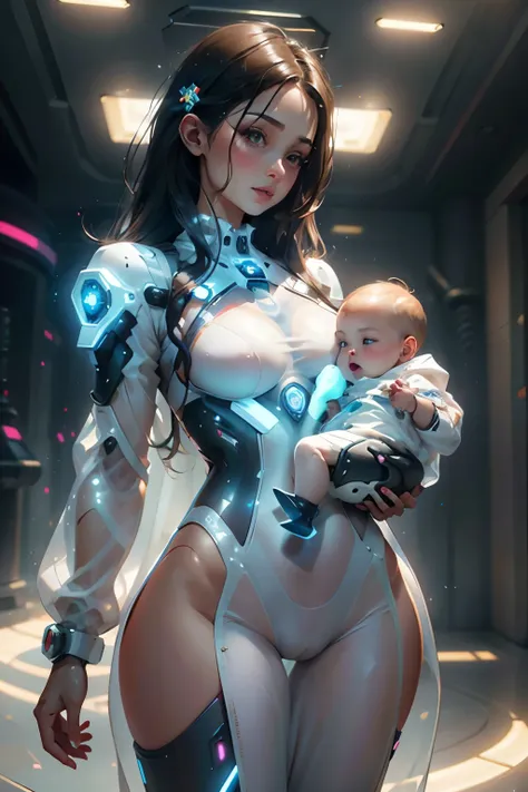 Best quality, realistic, image of beauty woman lay holding a year-old babyboy, looking camera, full body, transparent suit, futuristic, hi-tech background