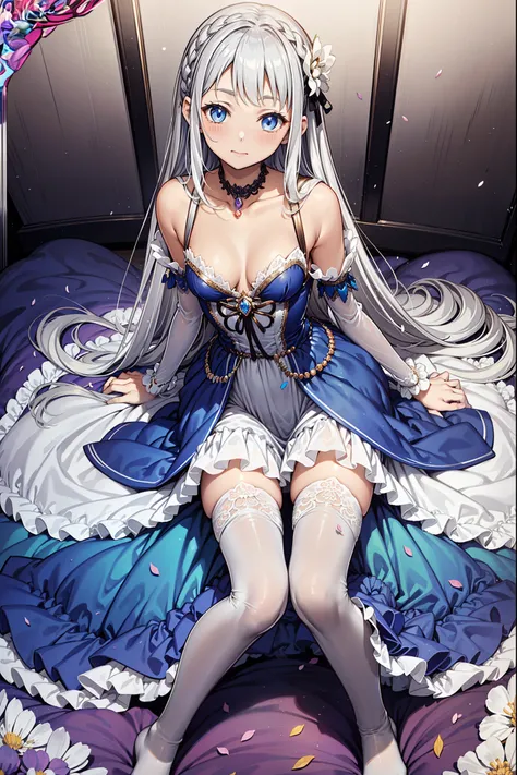  teen girl ，Obsessed， Have Fun ，in love， The princess wears a white fantasy world dress， Light Silver Hair ， blue eyes ， small lilac pattern ，Gemstone decoration， petal-side sleeves ，Little shawl ，Lace， transparent pleats ，See-through clothing， Exquisite c...