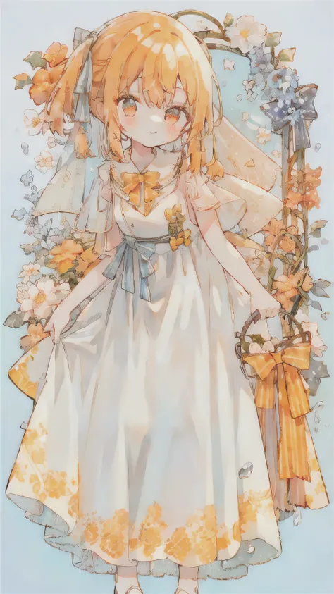 Wedding dress white. With veil. Orange hair color waist length. red eyes. With red ribbon bow tie. With red and blue and yellow and purple flower petals and bucket. Have a two a hoge. Sky blue background. Smile.