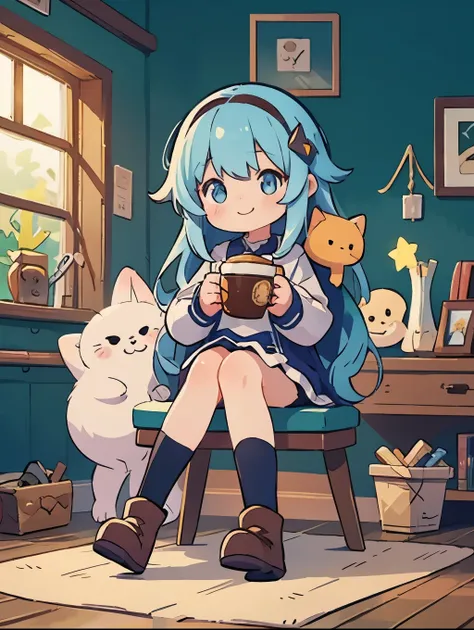  Light Blue Long Hair 、 small mascot ,  anime girl sitting on a chair holding a coffee cup in her hand, smile、Alchemist Girl ,  Light novel cover ,  Official Art , Epic light novel art cover ,  Official Art work, epic  Light novel cover , change, isekai, s...