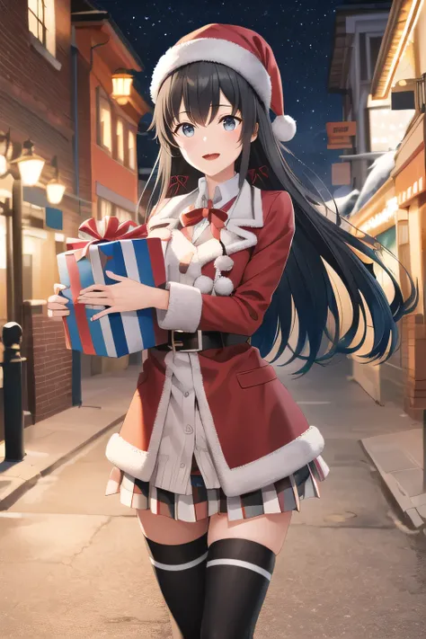 She is dressed in a classic Santa Claus outfit, with a red and white coat, a matching skirt, and black boots, perfectly tailored to her small frame. On her back, she carries a large, white sack filled with presents, the soft fabric of the bag hinting at it...