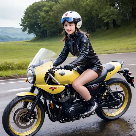 (A young female rider speeds along on a motorcycle)、Vintage Bikes、Bluff Superior SS100、Isle of Man Races、Leather jumper、Cromwell helmet with goggles、After the Rain、English countryside、(Highest quality, masterpiece, High resolution)、8k、wallpaper,masterpiece...