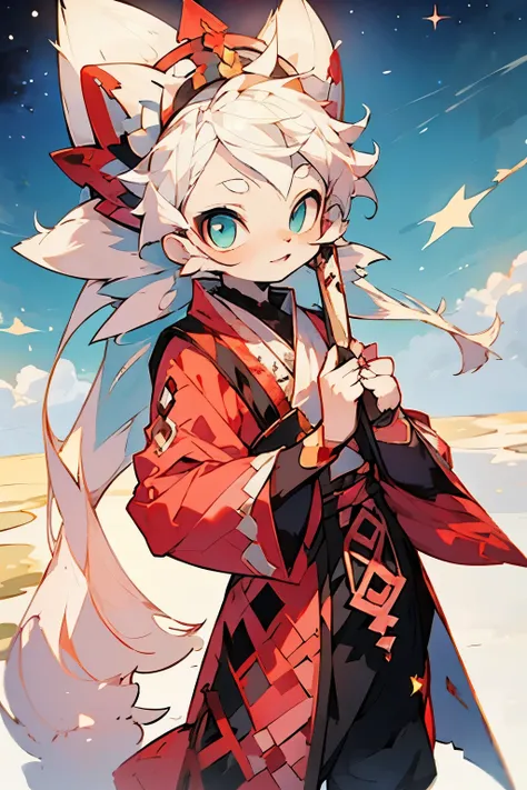 A beautiful girl with white hair with a pink gradient, wearing an Arabian-style red and black outfit like Disney character Jasmine, with sky-blue eyes, a cute face, in a dreamy, kawaii-style fantasy landscape with stars.