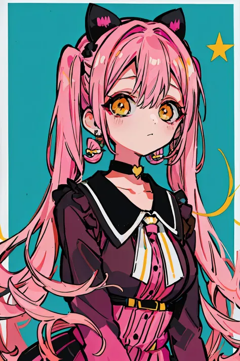 1 girl, yellow eyes, Twintails hair, long hair, pink hair, medium breast, medium ass, Bobby pins, choker, bored facial, earrings