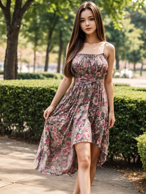 ((Best Quality, 8K, Masterpiece: 1.3)), 1girl, Slender Beauty: 1.3, (Long hair: 1.2), Floral dress, Long legs: 1.1, Super fine face, Fine eyes, Double eyelids, Outdoor