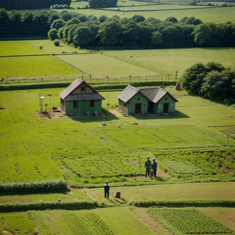 A green village and open fields. Two men stand in the field, one with a spade in hand preparing to dig the soil, the other ready to move the soil. Small huts and trees are visible in the background