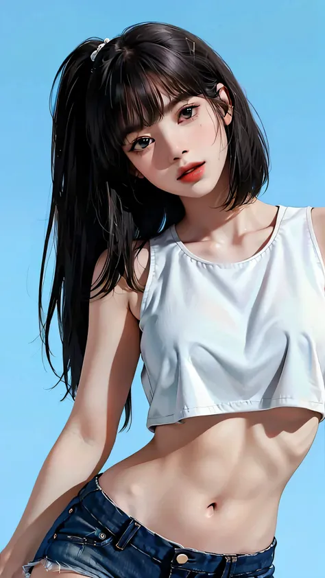 1girl,solo，Blue Background，huge breasts, crop top, short shorts, underboob, High Ponytail，Unbelievably long hair，cowboy shot,,looking at viewer，Simple style，wide angle,Dynamic Angle，(bangs_pinned_back:1.5),(head_tilt:1.7),(cuvrybody:1.1)，Lively posture，Fro...