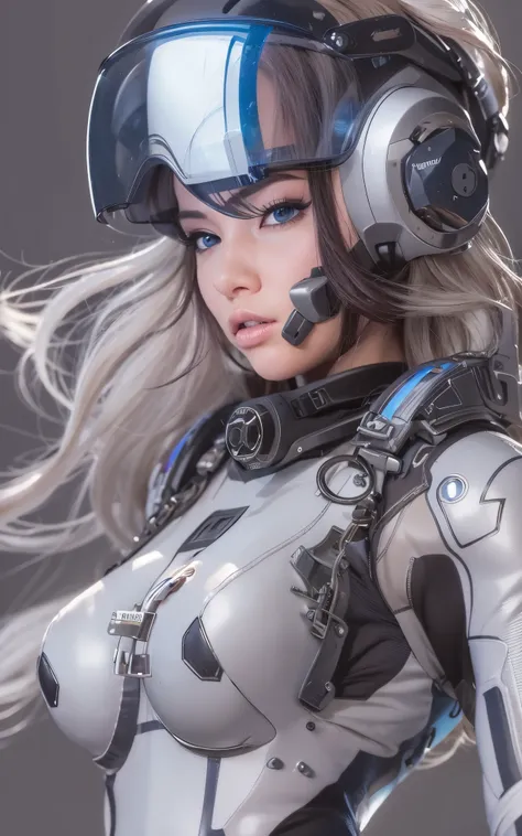 ((Best Quality)), ((masutepiece)), (Detailed: 1.4), (Absurd), Caucasian female fighter pilot ready for war, front walking, muscular sculptural body defined, Closed mouth, muscular body covered by technological clothing, Cyberpunk, ((perfect large breasts))...