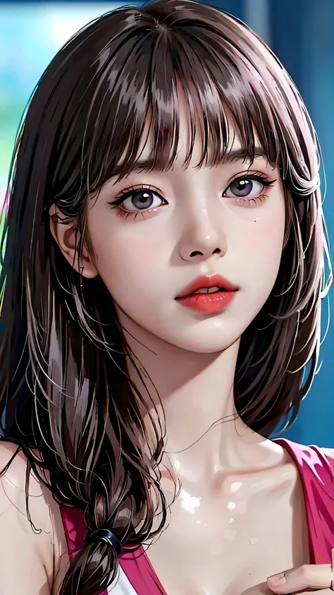 best quality, hot pink artwork, white line art, beautiful japanese girl self portrait, light up, big detailed eyes, ulzzang, ((huge breasts)), cleavage, arms behind back, 