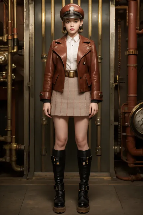 score_9, score_8_up, score_7_up, score_6_up, photo, realism, photorealistic, Industrial steampunk mechanic girl, perfectly detailed face, (hat:0.8), goggles, steampunk red leather double breasted jacket, pink tweed fabric pleated skirt, (leather laced boot...