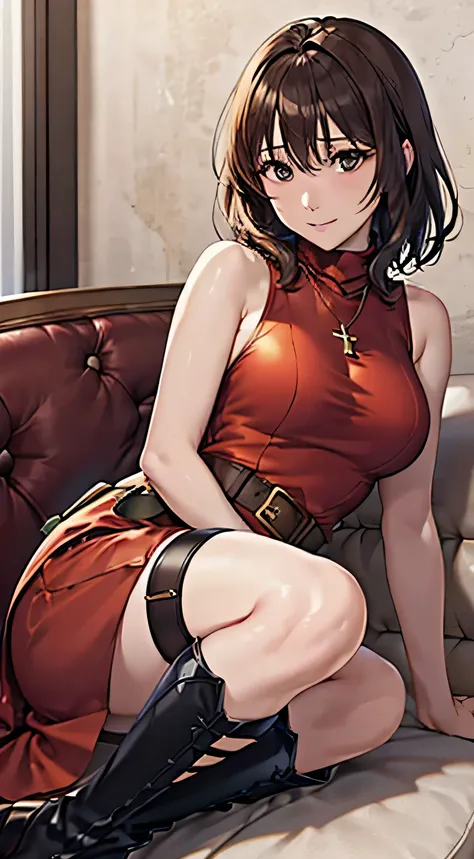 (( , top quality, , pixel perfect, 4K,))), 1 Woman , 、 (( short wave hair、 dark brown hair )), (( brown eyes , Beautiful eyelashes , realistic eyes)), (( detailed face , )), (( smooth texture:0.75, realistic texture:0.65, realistic :1.1, ...