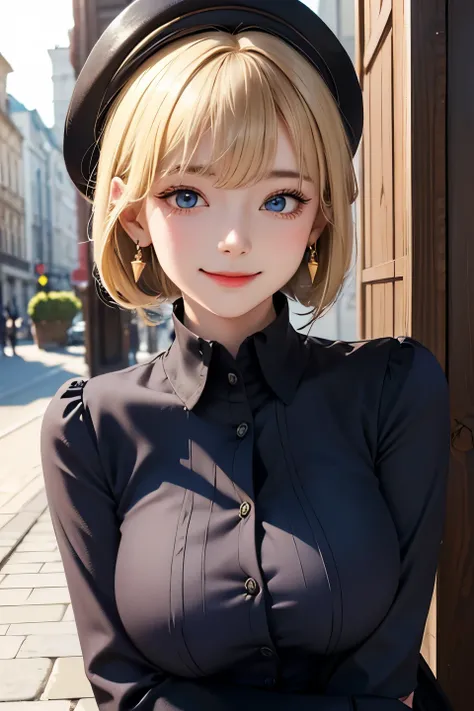  top quality , detailed face ,  cute face,  Masterpiece ,  lady,  Bowler hats  , bangs , smile ,  outdoor, blonde silky super short hair,  side lock , beautiful shiny bangs,  big clear sky-like blue eyes, A very beautiful light emphasis on the eyes,   earr...