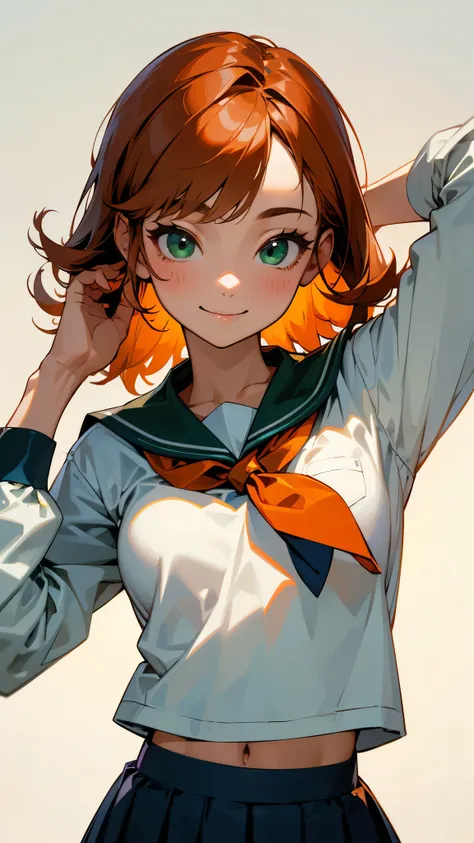  1 girl、 upper body closeup、Sailor school uniform、Wear a jacket on top、 skirt、orange medium hair、Beautiful green eyes、 flat chested、smile