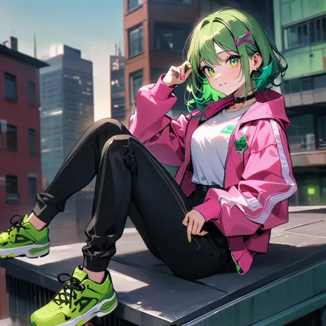( great job : 1) , to the shoulders,  slightly wavy green hair with green tips,  green hair clip ,  green eyes , black , green and pink nails ,  White shirt,  pink jacket with green details ,  black pants ,  green sneakers .   Sitting on the roof of a buil...