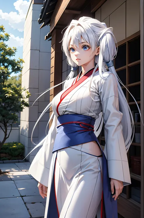 Female martial artist, white japanese kimono, beautiful, long hip length hair, cool