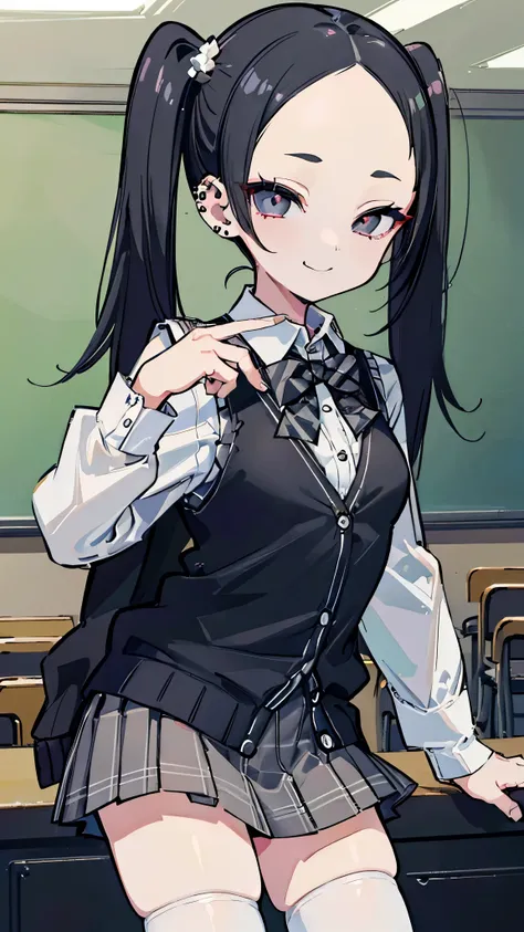 ((masterpiece、 top quality、 very detailed))、 One Girl 、 black hair、twintails、((Forehead))、bangs、 gray eyes、evil smile、((lots of piercing))、(( small breasts))、(( White collared shirt ))、((black cardigan vest))、 bow tie 、((gray plaid skirt))、((micro miniskir...