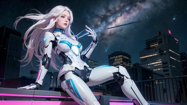  actual ,   high resolution, Miss,   shiny skin ,  Unique , Tattoo, jewelry,  pink lips ,   long hair, White hair,   blue eyes  , Residence,   hip up  , girl,Mechanical parts, United,   single robotic arm  ,   starry sky  , Aura Ground ，Behind it is a futu...