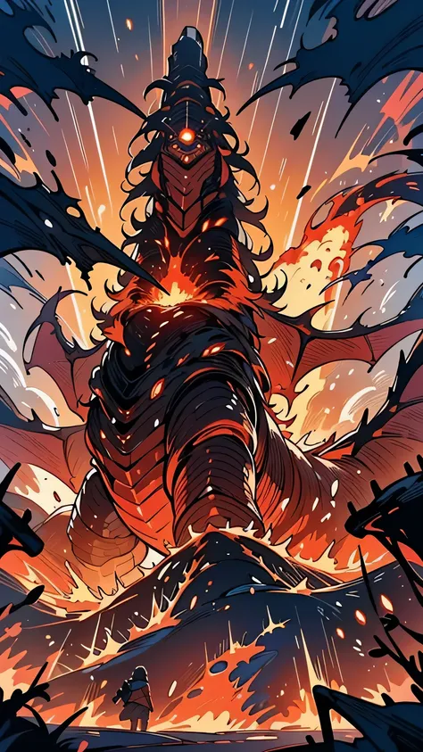 “Create a powerful, dramatic image of the Chaos Beast ‘Volcano Drake,’ a massive fire-breathing dragon made of molten rock and lava. It towers over a destroyed city, with flames erupting from its back and lava flowing from its mouth. The scene is set in th...