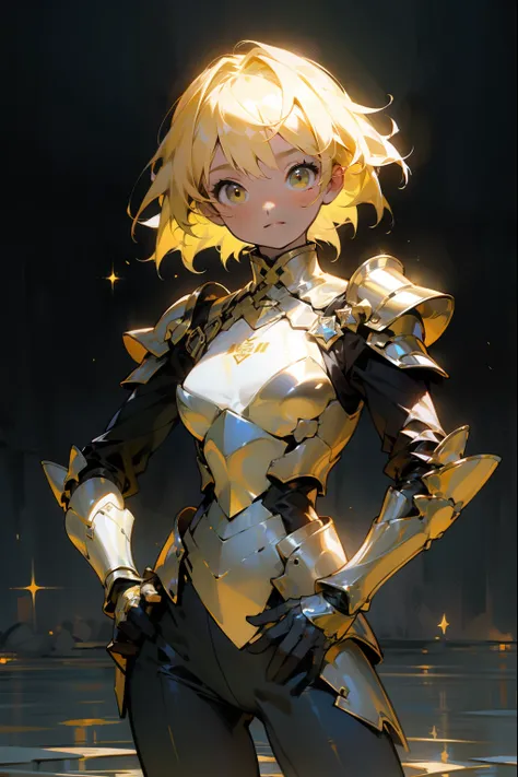 one woman、 One Woman , No Emotion、Fantastic look, masterpiece, top quality, high definition , One Woman 性, Alone, yellow hair , putting hands on lower back 、armor、重いarmor、 place your hands on your hips、 One Woman 性,黒と黄色のarmor、 Alone, yellow hair , da...