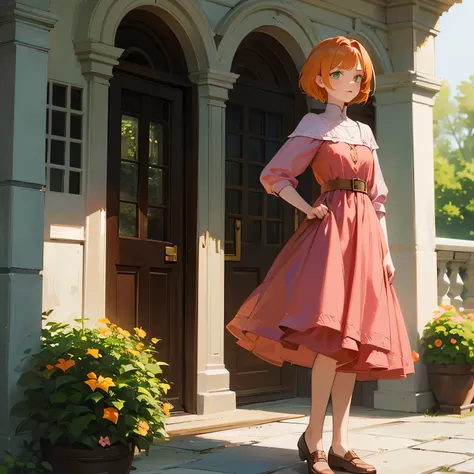 Lily Evans at the age of 15-Years-old from Harry Potter, orange hair, short hair, green eyes, wearing a beautiful pink dress, near of the entrance of an house, high quality, high detail