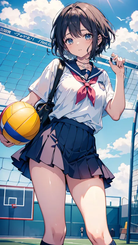 A cheerful and energetic high school girl with short, sporty hair and a bright smile. She wears her school uniform casually and carries a volleyball in one hand, while her bag is covered with patches from her favorite sports anime. Her posture is confident...