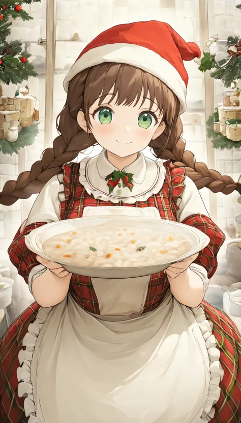 Masterpiece, highest quality, ultra-high resolution, detailed depiction, beautiful, delicate illustration, one girl, ((full-body shot)),   Brown Hair、 braids 、 pigtails、beautiful green eyes、 cute smile、Checked flannel , white apron、Santa hat、The scene wher...