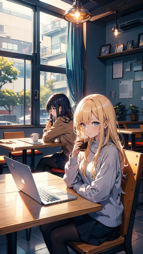 A cozy, modern café with large windows and soft lighting, where high school students are gathered around a table, working on their anime review project. Laptops, notebooks, and manga volumes are spread out on the table, and the students are discussing exci...