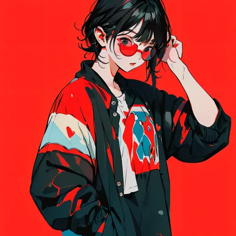 masterpiece、One Girl、Black Hair、Fashionable clothes、Bright red background、Wear sunglasses