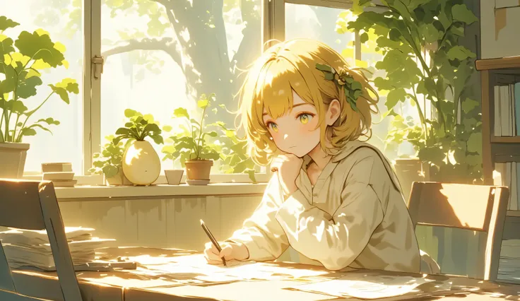 One Thursday afternoon, Beautiful sunlight shining through the trees in the garden.A girl peeks into the room through the window and sees a live Daikon radish, champagne color illustration, Φ, Universe, A living Daikon radish is writing a letter to his fir...