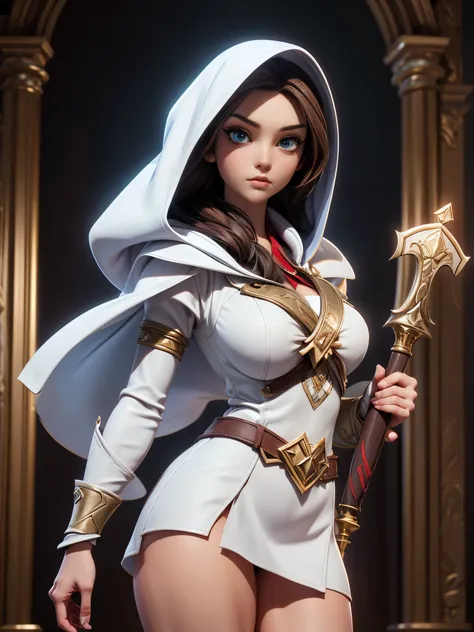 A full-body shot of Princess Zelda, brown hair, blue eyes, dressed as an Assassin from Assassins Creed, in white+gold witha white mask and hood with gold details, XL bust, using a wrist blade. Background: A city during the renaissance period. Unreal Engine...