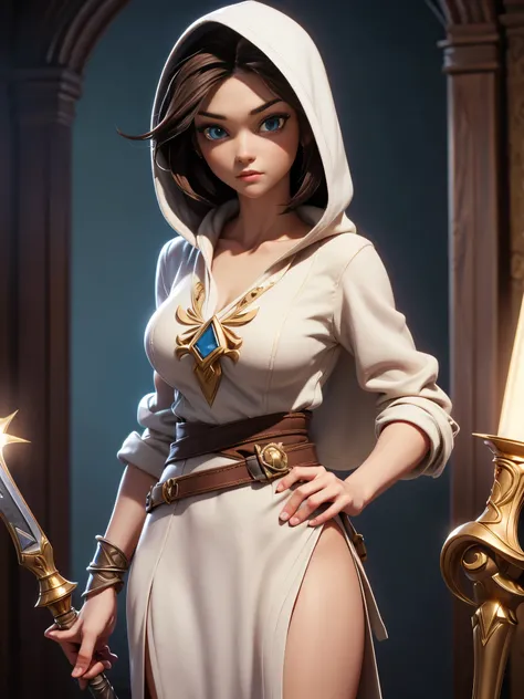 A full-body shot of Princess Zelda, brown hair, blue eyes, dressed as an Assassin from Assassins Creed, in white+gold witha white mask and hood with gold details, XL bust, using a wrist blade. Background: A city during the renaissance period. Unreal Engine...