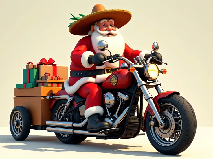 Pixar style Santa dressed as a traditional Mexican sitting on a Chopper style motorbike with Mexican folklore trinkets on the handlebars of the bike, behind the bike a cart is attached with loose presents. The background of the image is transparent,  ultra...