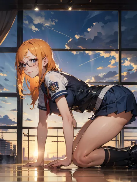 anime - style illustration of a woman in a high school uniform, anime character, official character art, trending on e-girl, feminine, full body, female anime girl, (all fours doggystyle sex Posing):1.5, parted bangs, glasses, (tanned:1.0), looking at view...