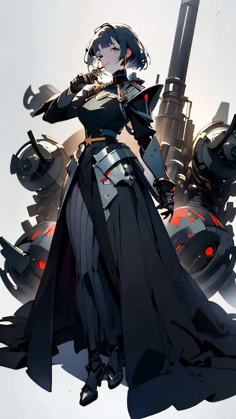 (Top quality:1.2, masterpieces:1.4, exquisite renderings:1.3), ((High school girl with battle dress:1.2)), (((large cannon:1.2))), (((armored dress:1.8))), (metal black long dress:1.5), (Elaborately painted rifles), anime girl with gun and rifle standing o...