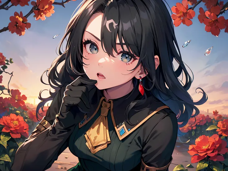 (solo:2), (girl, human ears:2), (leaning forward to accentuate upper body:2), (gentle gaze:2), (long black hair:2), (teardrop-shaped earrings:2), (gorgeous blue high-necked collared dress, opera gloves:2), (surrounded by lots of red flowers:2), (sunset sky...